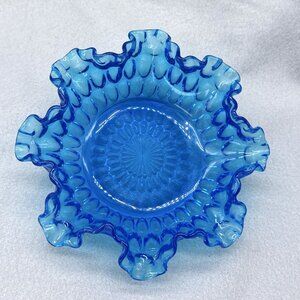Vintage Fenton 7.5" Colonial Blue Thumbprint Ruffle Crimped Edge Candy Dish